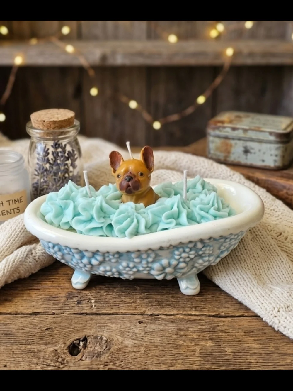 French Bulldog Candle in Auqua & White Glass Claw Foot Bathtub Handcrafted Gifts